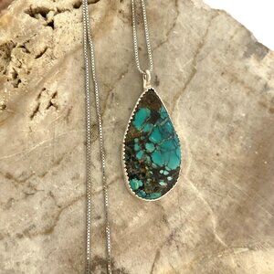 Sterling Silver 925 Southwest Turquoise Teardrop Pendant Necklace 18" Box Chain